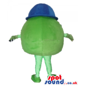 Single-eyed green monster with 2 arms and legs wearing a blue