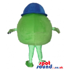 Single-eyed green monster with 2 arms and legs wearing a blue