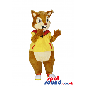 Squirrel Mascot With Yellow And Red Sweatshirt And Sneakers -