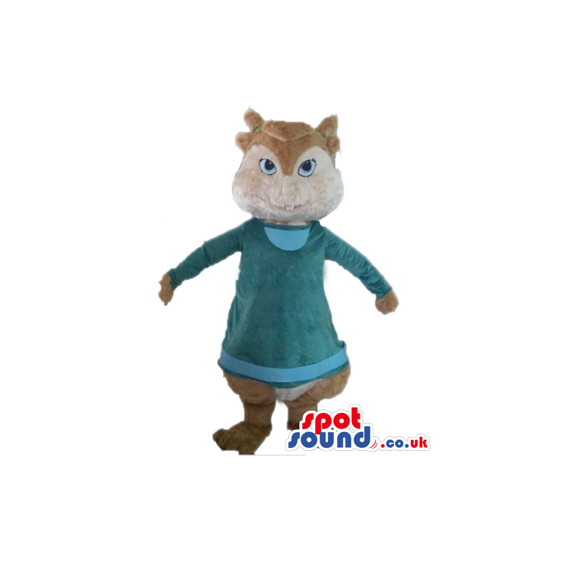 Brown squirrel wearing a long blue sweater - Custom Mascots