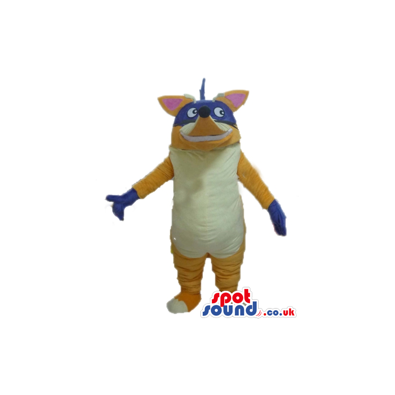 Yellow raccoon with a white belly wearing blue gloves and a