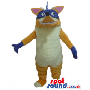 Yellow raccoon with a white belly wearing blue gloves and a