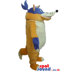 Yellow raccoon with a white belly wearing blue gloves and a