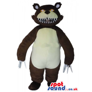 Angry brown bear with a beige belly showing sharp teeth -