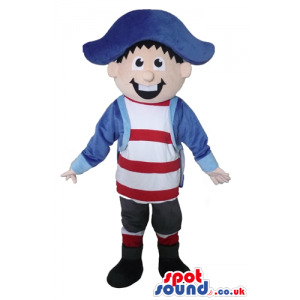 Young pirate wearing blue shorts and hat, a striped red and