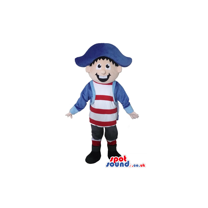 Young pirate wearing blue shorts and hat, a striped red and