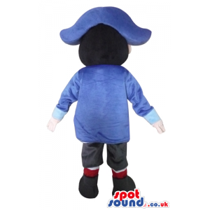 Young pirate wearing blue shorts and hat, a striped red and