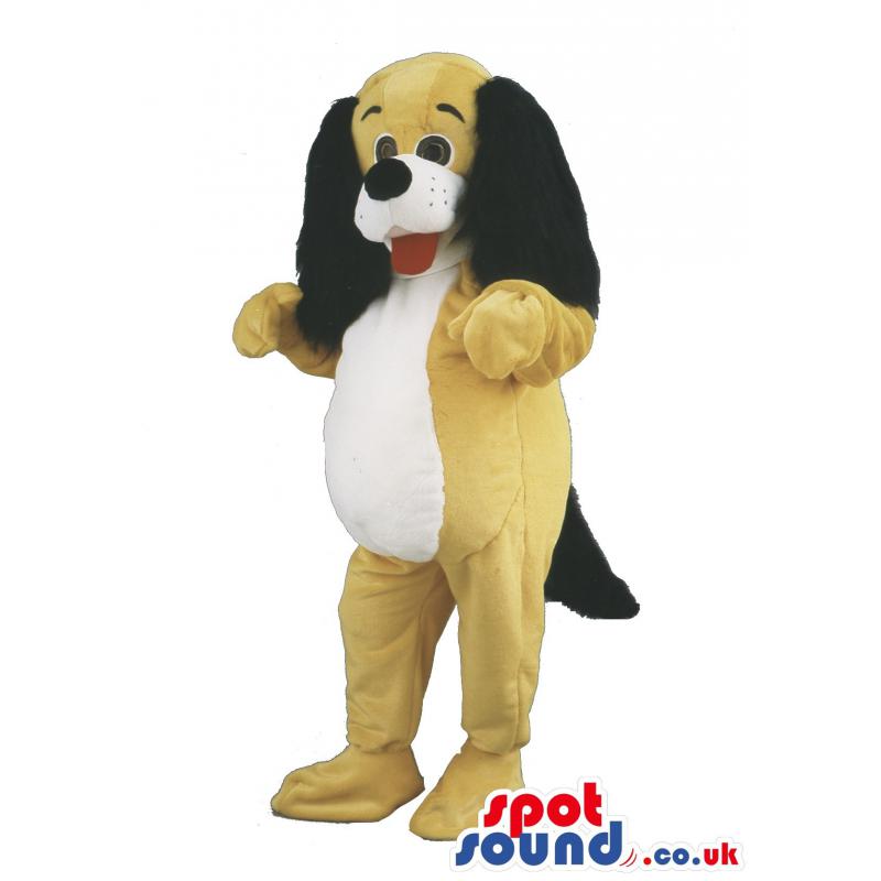 Brown snoopy dog mascot looking surprised with his open mouth -