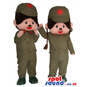 Boy and girl wearing military green suits with matching caps