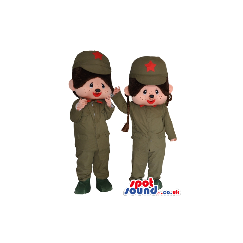 Boy and girl wearing military green suits with matching caps