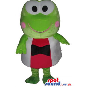 Green frog with pink cheeks and big eyes wearing white and red