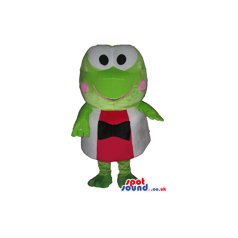 Green frog with pink cheeks and big eyes wearing white and red