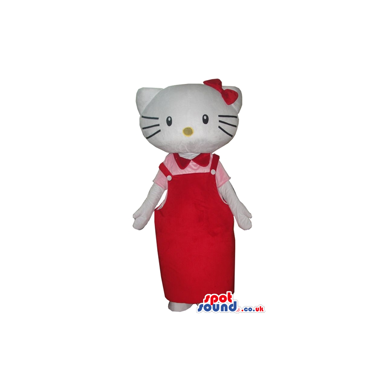 Hello kitty with a red bow on the head wearing a pink and red