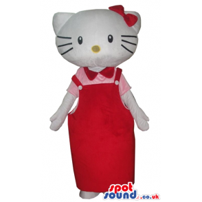 Hello kitty with a red bow on the head wearing a pink and red