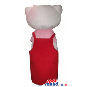 Hello kitty with a red bow on the head wearing a pink and red