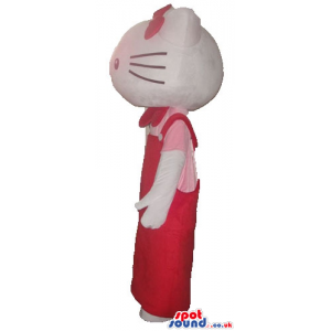 Hello kitty with a red bow on the head wearing a pink and red