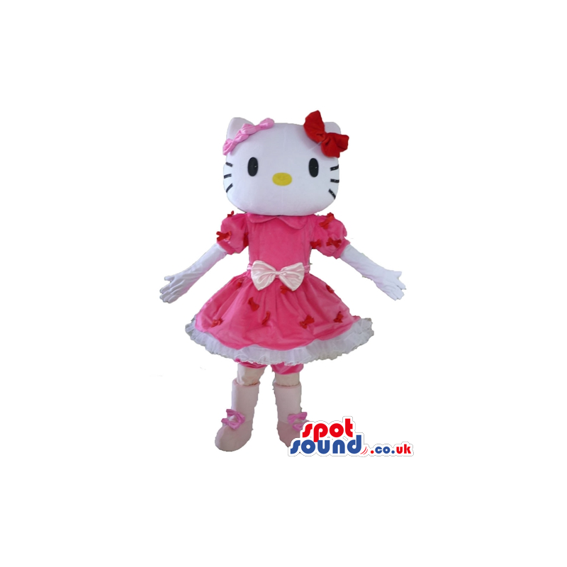 Hello kitty with 2 bows on the head and a pink and red mini