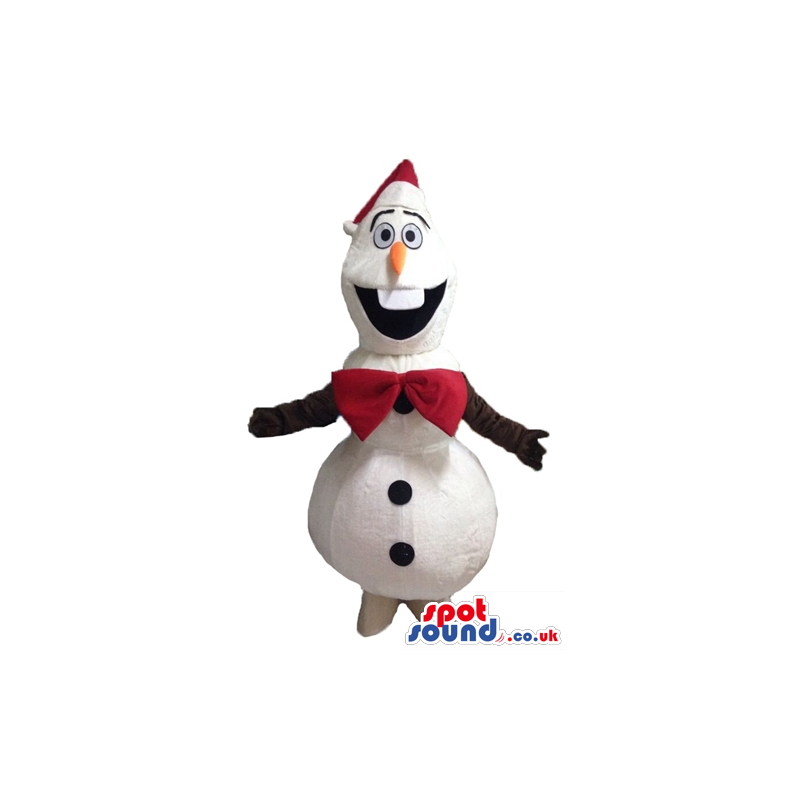 Snowman with black arms wearing a red santa hat and a red bow