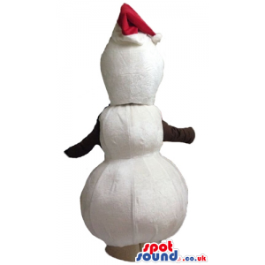 Snowman with black arms wearing a red santa hat and a red bow