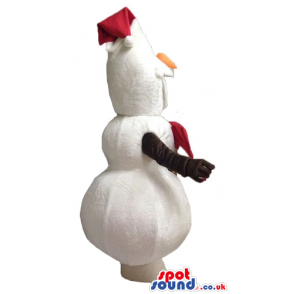 Snowman with black arms wearing a red santa hat and a red bow