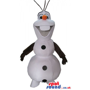 Smiling snowman with an orange carrot nose, black arms and a