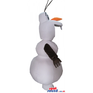 Smiling snowman with an orange carrot nose, black arms and a