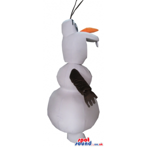 Smiling snowman with an orange carrot nose, black arms and a