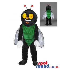 Black And Green Fly Mascot With Wings And Big Yellow Eyes. -