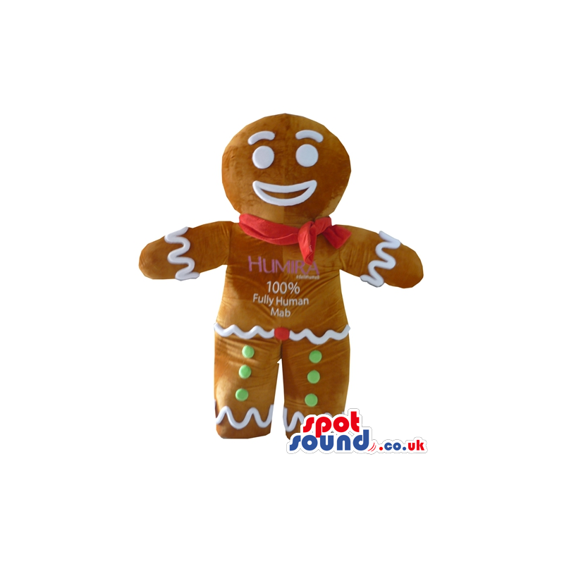 Ginger bread man decorated in white, red and green with a red