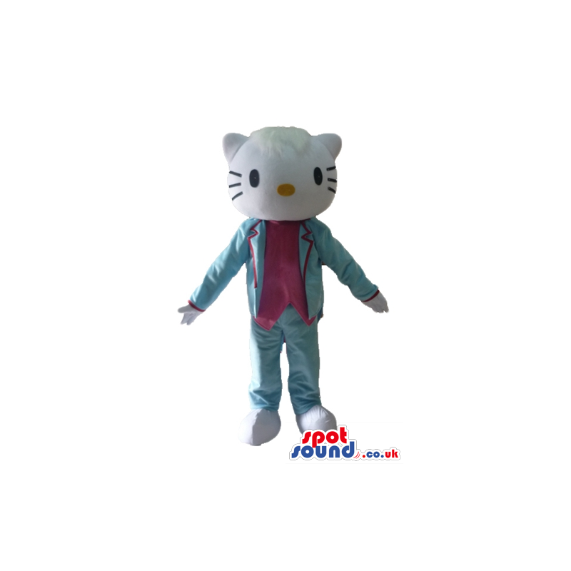 Hello kitty wearing a silky light-blue suit and a pink blouse -