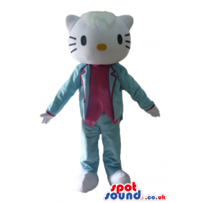 Hello kitty wearing a silky light-blue suit and a pink blouse -
