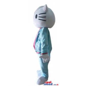 Hello kitty wearing a silky light-blue suit and a pink blouse -