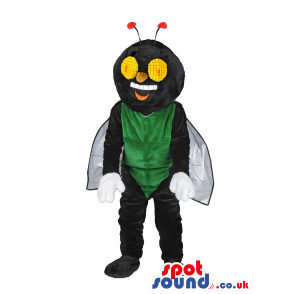 Black And Green Fly Mascot With Wings And Big Yellow Eyes. -