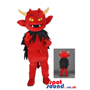 Red Devil Mascot With Black Cape, Horns And Pointy Tail -