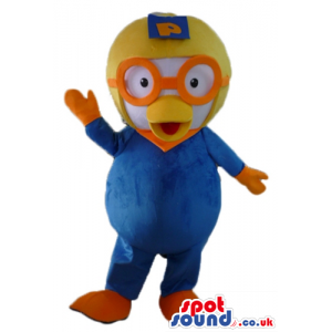 White chicken wearing a blue flying suit, a yellow helmet and