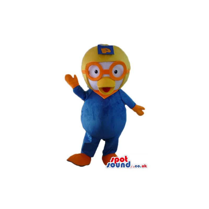 White chicken wearing a blue flying suit, a yellow helmet and