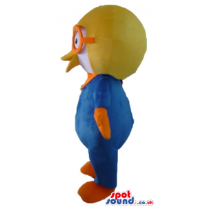 White chicken wearing a blue flying suit, a yellow helmet and