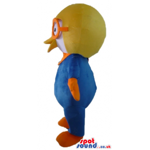 White chicken wearing a blue flying suit, a yellow helmet and