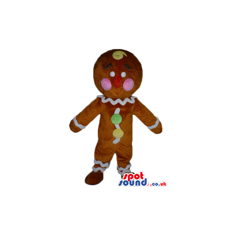 Gingerbread cookie with pink cheeks decorated in white, yellow