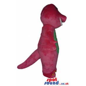 Pink dinosaur with green belly and white teeth - Custom Mascots
