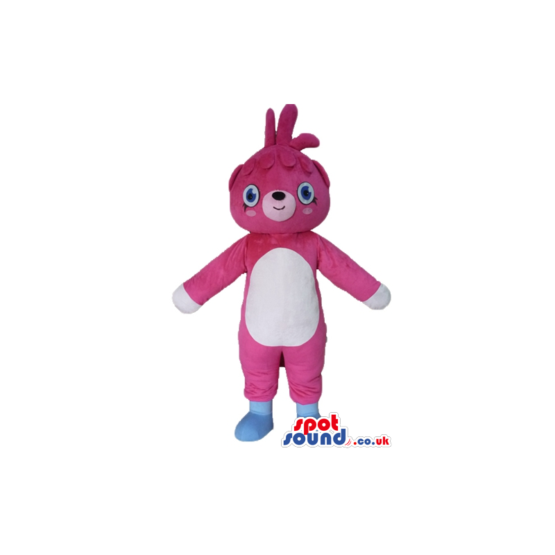 Pink bear with a white belly, hands and light-blue feet -