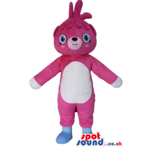 Pink bear with a white belly, hands and light-blue feet -