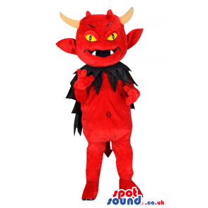 Red Devil Mascot With Black Cape, Horns And Pointy Tail -