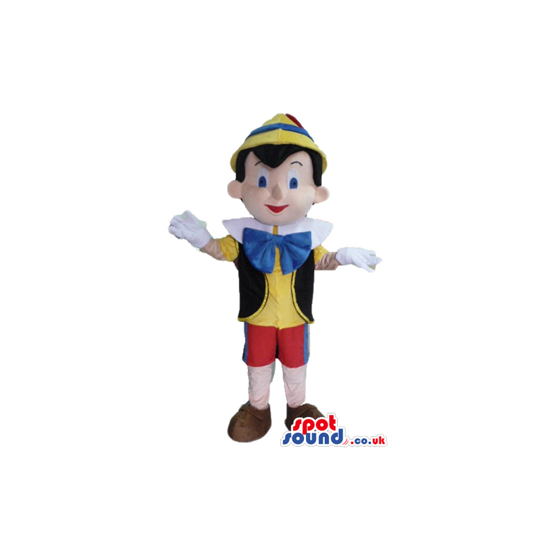 Pinocchio wearing a yellow shirt, a black vest, red trousers, a
