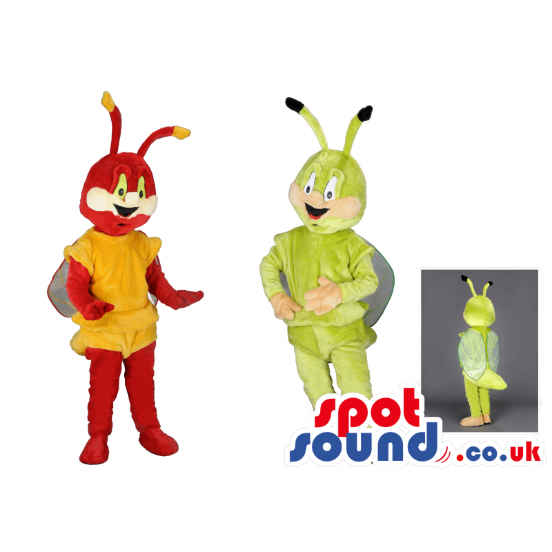 Two Red And Green Bugs Mascots With Wings And Antennae - Custom