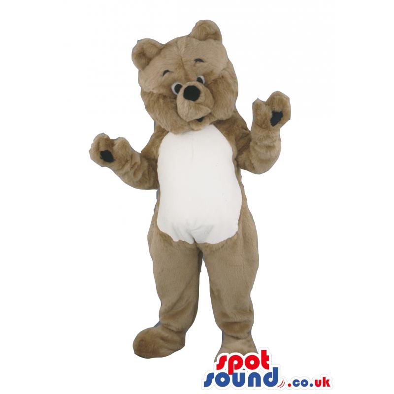 Brown-white teddy mascot with tilted head and waving his hand -