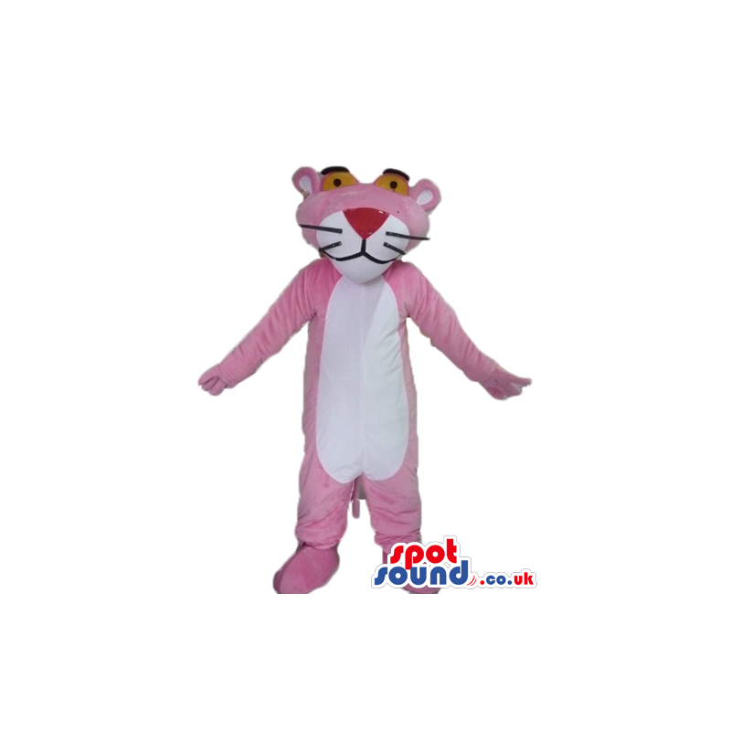 Pink panther with yellow eyes and a red nose - Custom Mascots