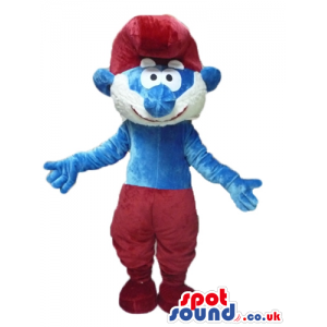 Papa smurf with a black beard, red trousers and a red hat -