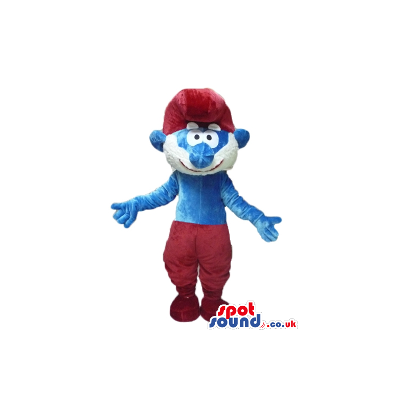 Papa smurf with a black beard, red trousers and a red hat -