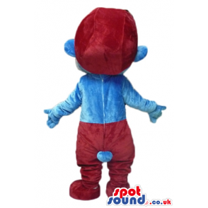 Papa smurf with a black beard, red trousers and a red hat -